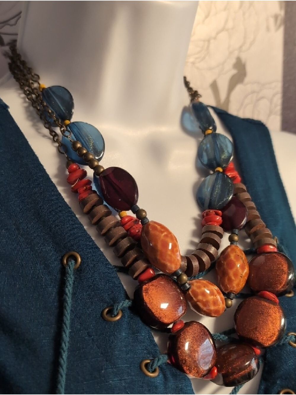 Multi strand Beaded Statement Necklace - Blue, Brown & Orange